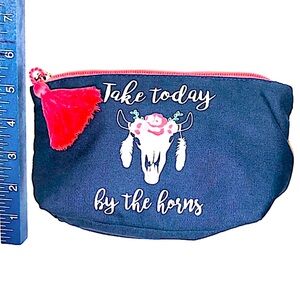 BLUE MAKEUP BAG PINK TASSEL “TAKE TODAY BY THE HORNS” CUTE BULL COW HEAD LOGO 9”